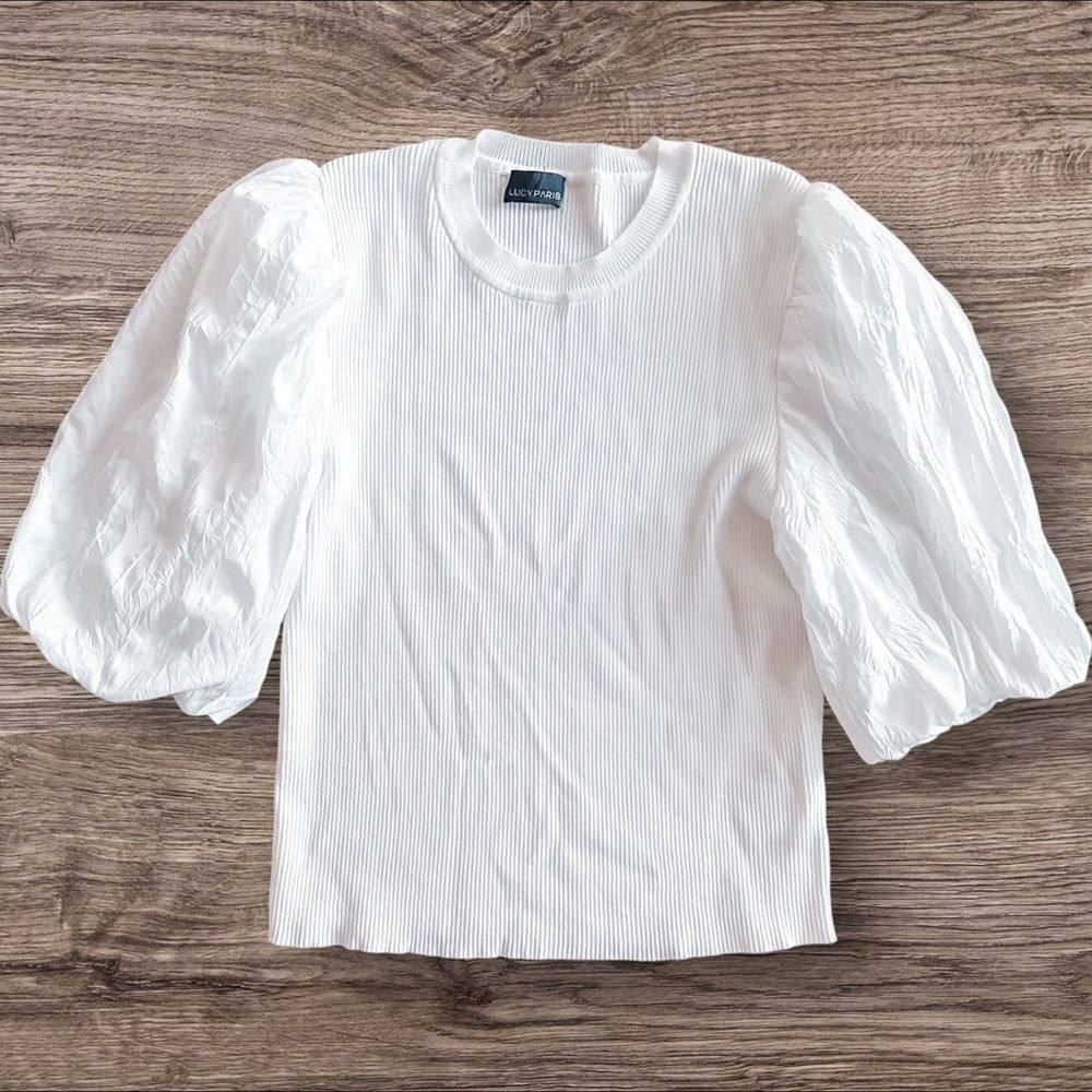 Lucy Paris Puff Sleeve Ribbed Top White Size Small Medium